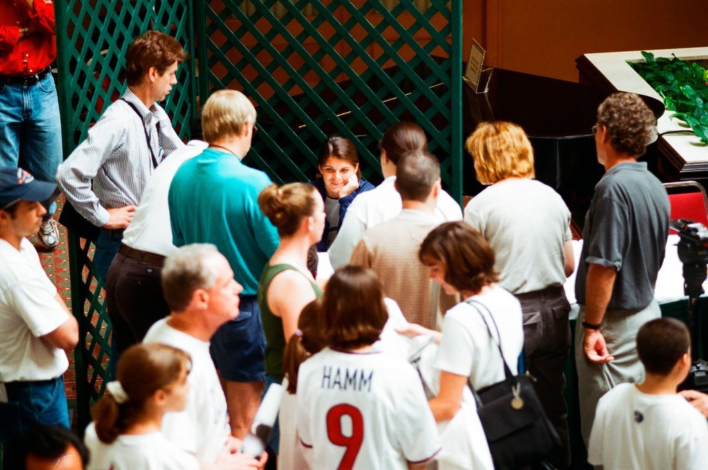 Mia Hamm and teammates at media gathering - Rich Hein for Chicago Sun-Times