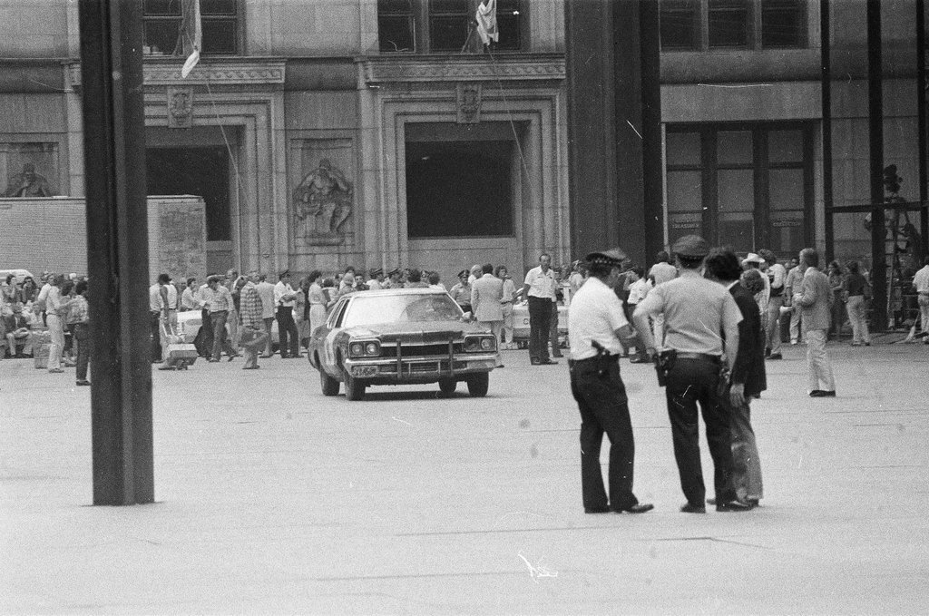 Stunt for Blues Brothers film and filming at Daley Plaza - Jack Lenahan,Chuck (Charles) Kirman for Chicago Sun-Times