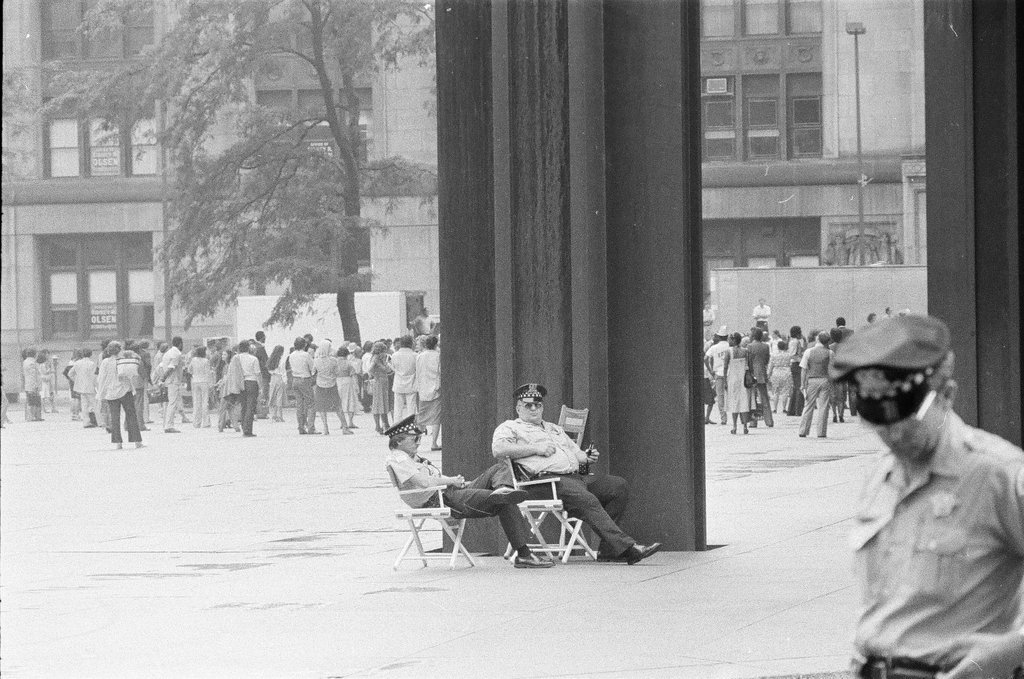 Stunt for Blues Brothers film and filming at Daley Plaza - Jack Lenahan,Chuck (Charles) Kirman for Chicago Sun-Times