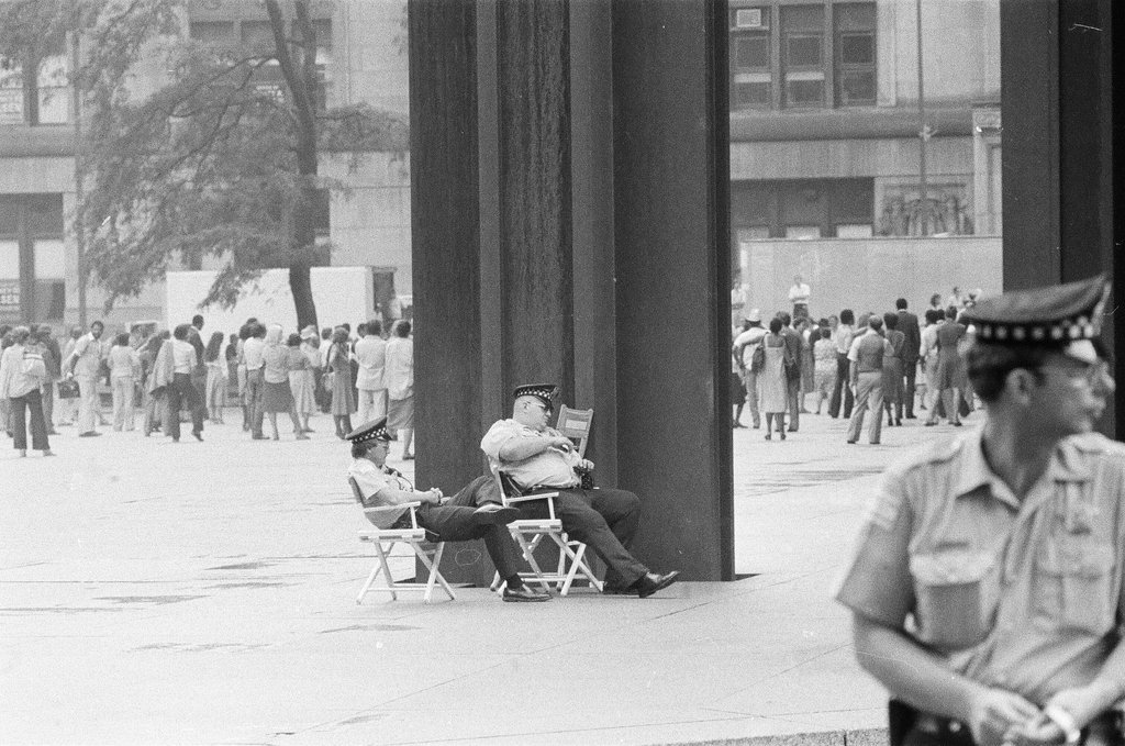 Stunt for Blues Brothers film and filming at Daley Plaza - Jack Lenahan,Chuck (Charles) Kirman for Chicago Sun-Times