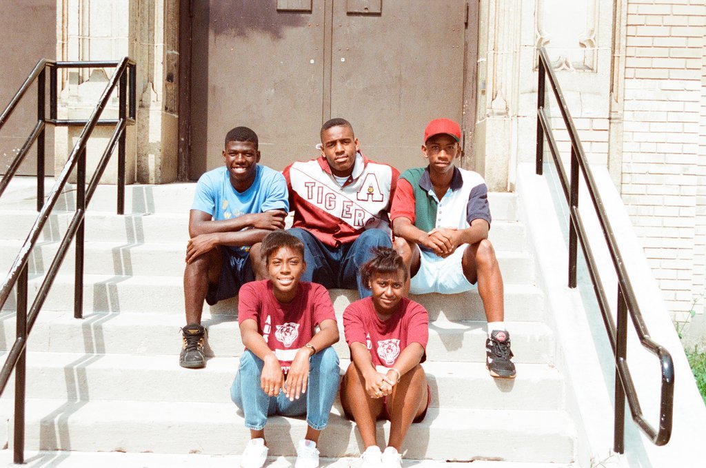 Austin High School students pose on steps - Stohler for Chicago Sun-Times