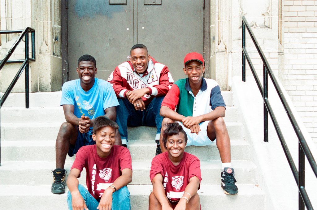 Austin High School students pose on steps - Stohler for Chicago Sun-Times
