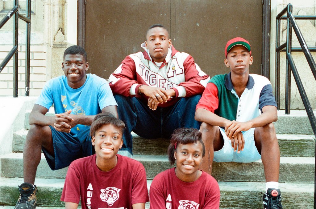 Austin High School students pose on steps - Stohler for Chicago Sun-Times