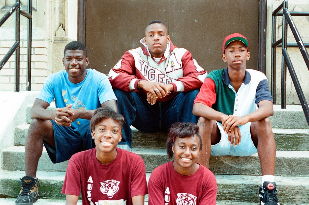 Austin High School students pose on steps - Stohler for Chicago Sun-Times
