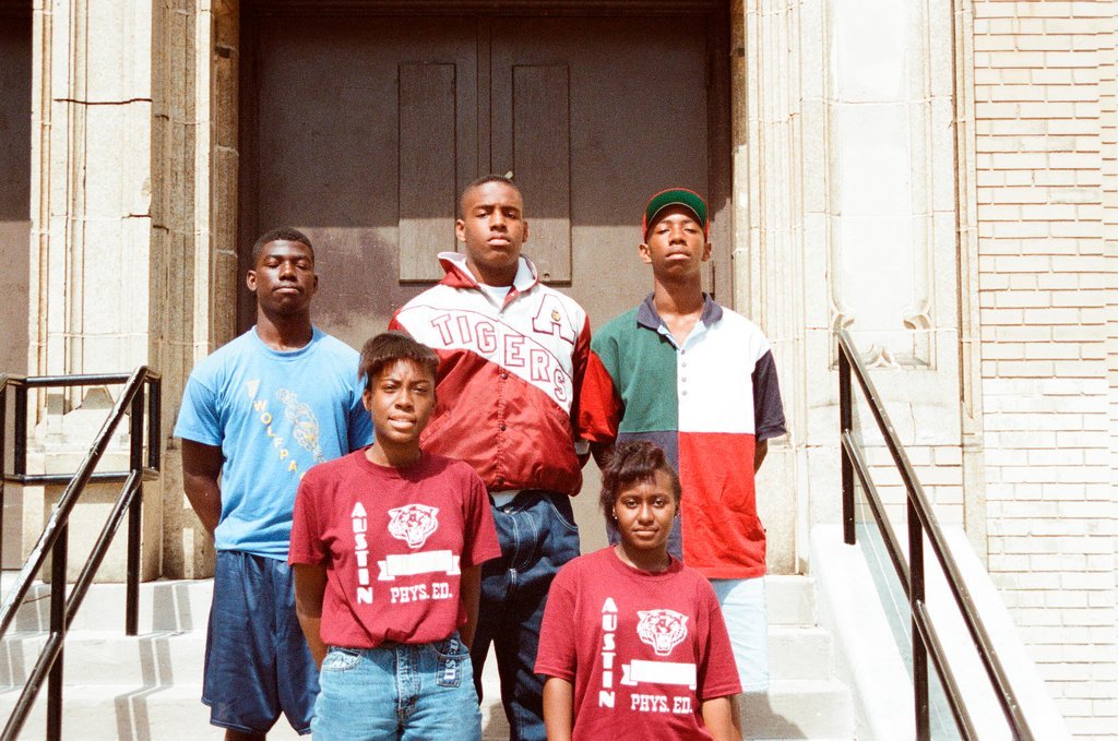 Austin High School students pose on steps - Stohler for Chicago Sun-Times