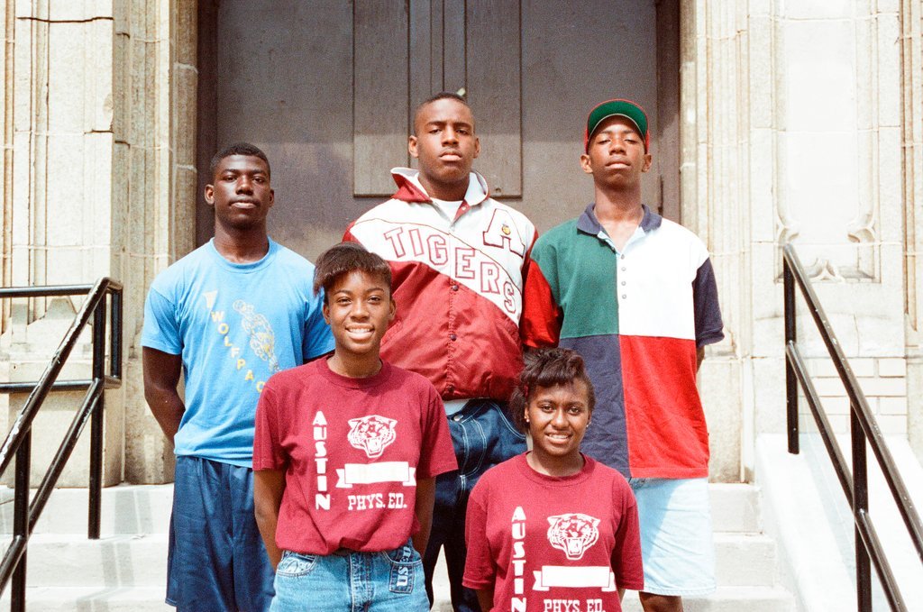 Austin High School students pose on steps - Stohler for Chicago Sun-Times