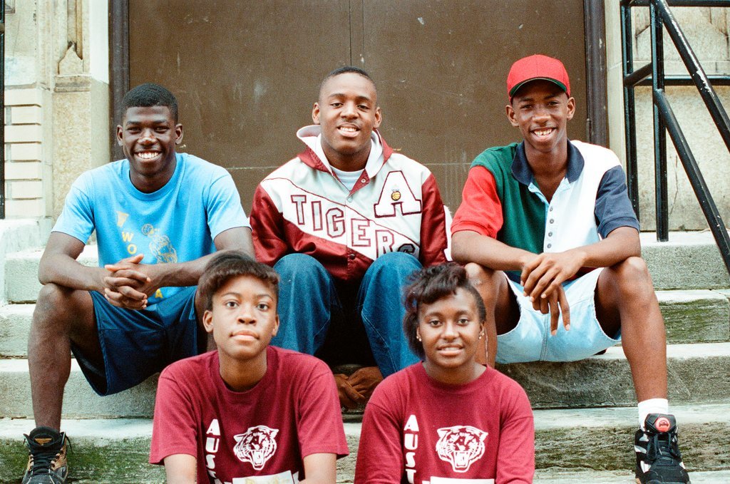 Austin High School students pose on steps - Stohler for Chicago Sun-Times