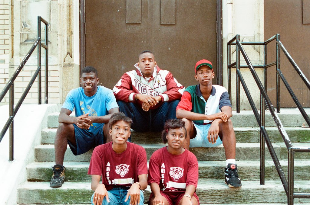 Austin High School students pose on steps - Stohler for Chicago Sun-Times