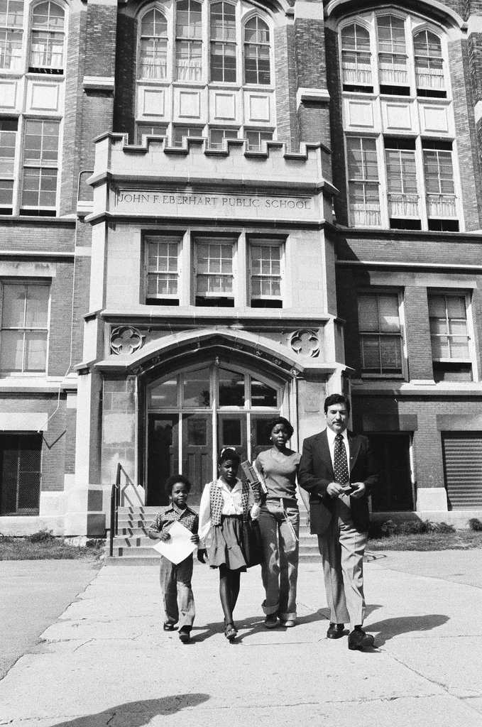 Children exiting John F. Eberhart school - Carmen Reporto for Chicago Sun-Times