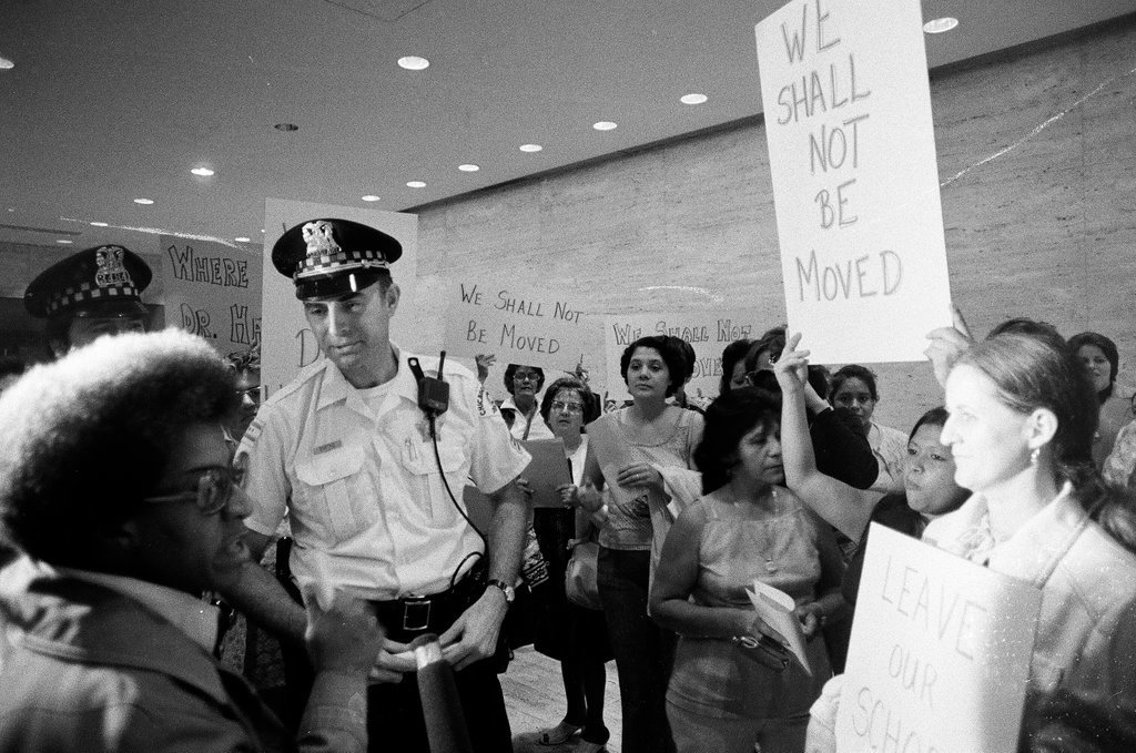 Anti-busing group protests at the John Hancock Center - Duane Hall for Chicago Sun-Times