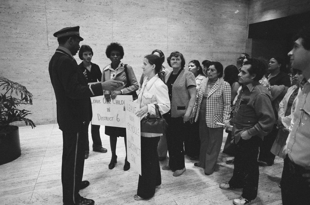 Anti-busing group protests at the John Hancock Center - Duane Hall for Chicago Sun-Times