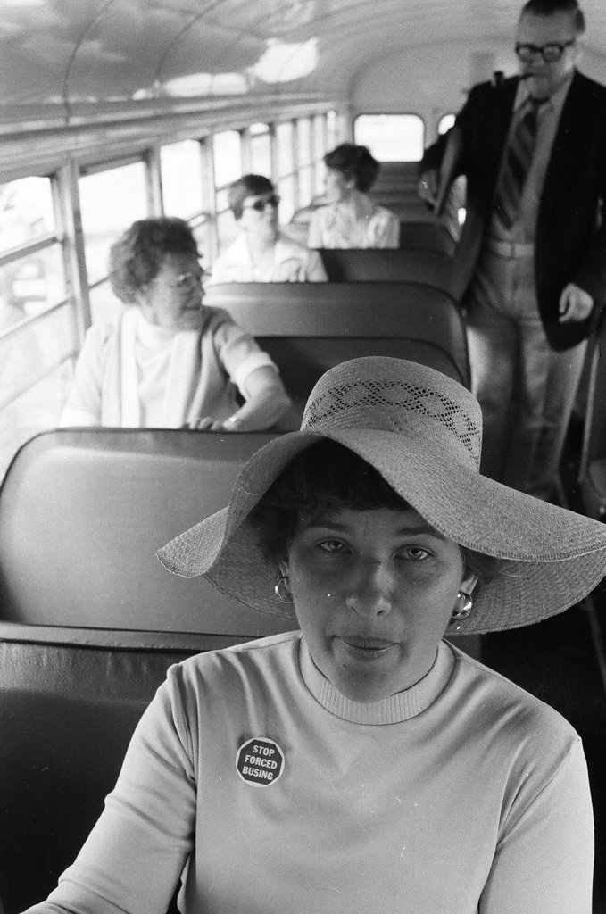 Anti-busing group rides bus to protest at different schools around the neighborhood - Perry C. Riddle for Chicago Sun-Times
