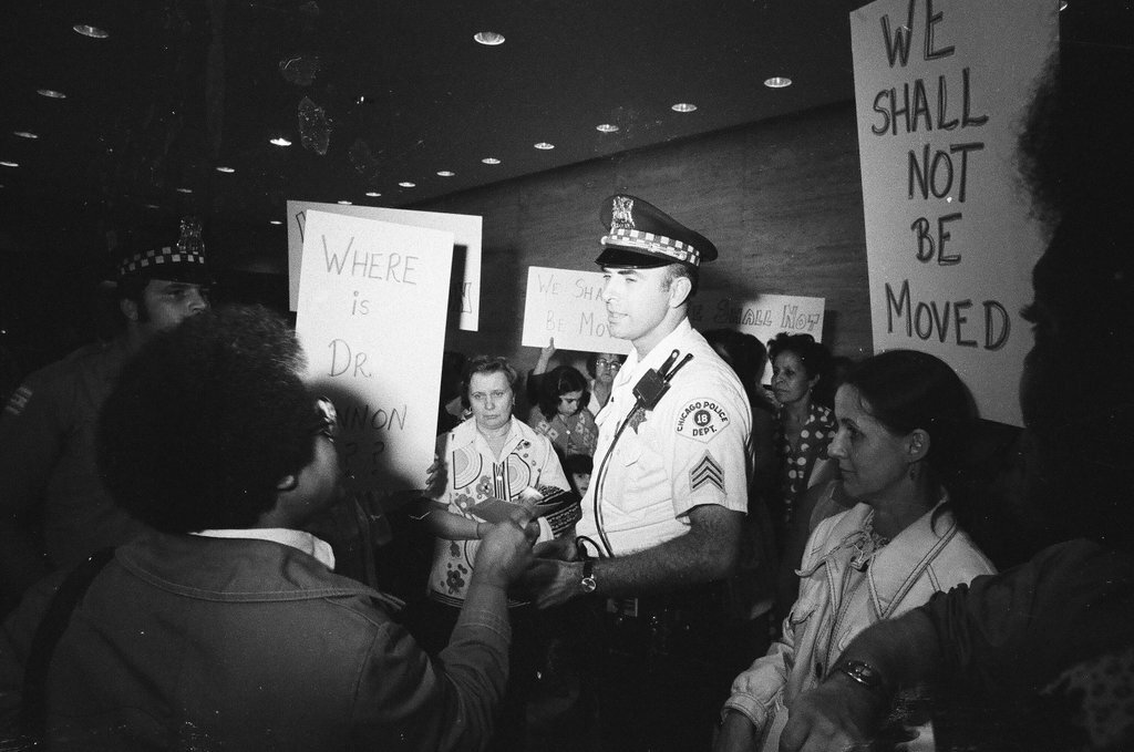 Anti-busing group protests at the John Hancock Center - Duane Hall for Chicago Sun-Times