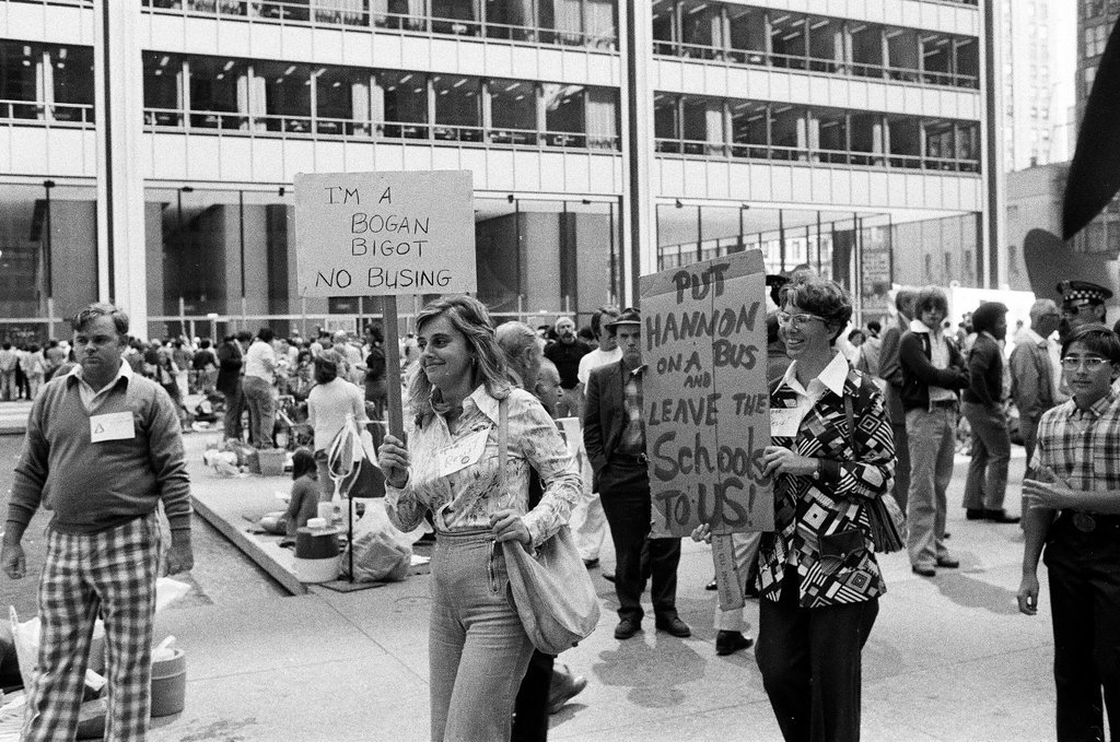 Busing protesters picket at Daley Plaza - Carmen Reporto for Chicago Sun-Times