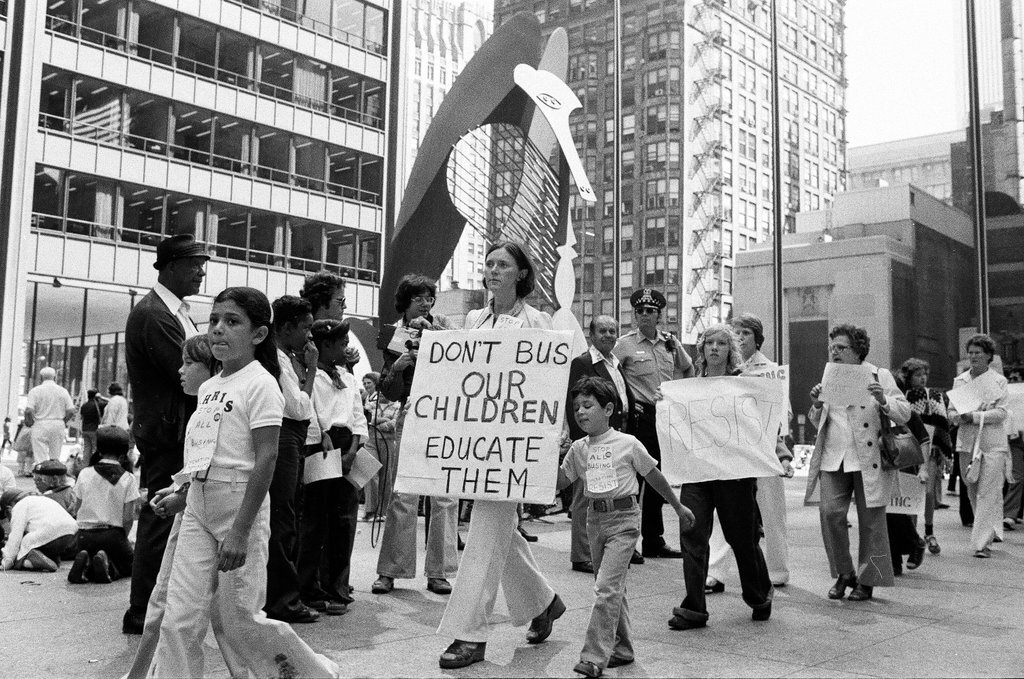 Busing protesters picket at Daley Plaza - Carmen Reporto for Chicago Sun-Times