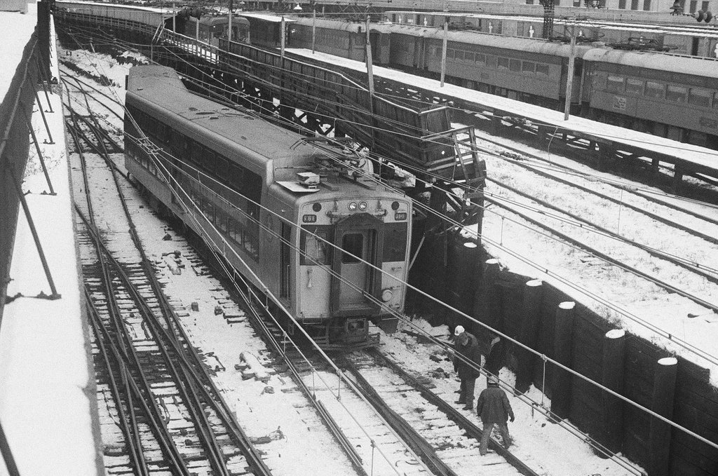 Derailed Illinois Central train at Randolph Street station - Bob Fila for Chicago Sun-Times