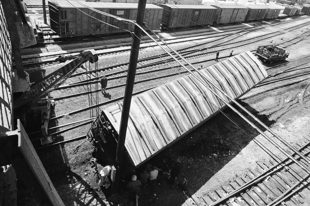 Derailed train car in underpass - Larry Graff for Chicago Sun-Times