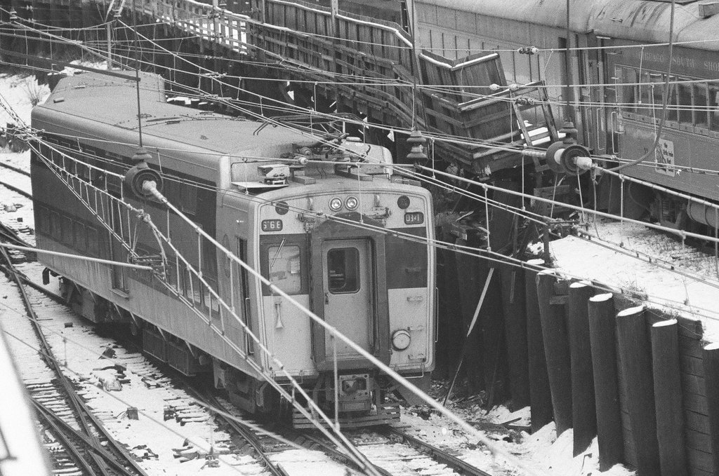 Derailed Illinois Central train at Randolph Street station - Bob Fila for Chicago Sun-Times