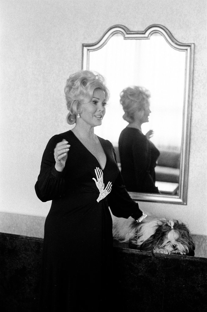 Zsa Zsa Gabor poses in hotel room - Fred Stein for Chicago Daily News