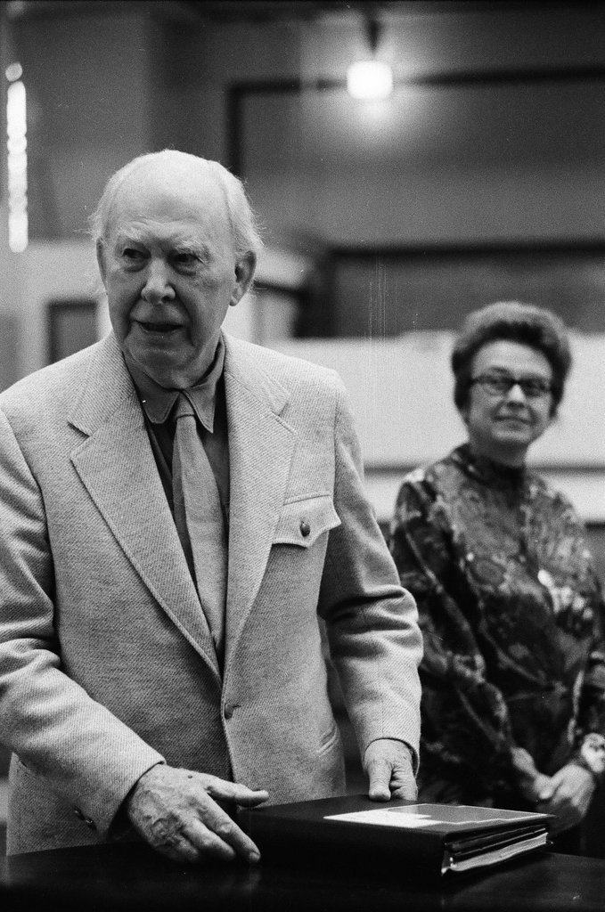Frank Lloyd Wright Jr. stands in Unity Temple - Carmen Reporto for Chicago Sun-Times