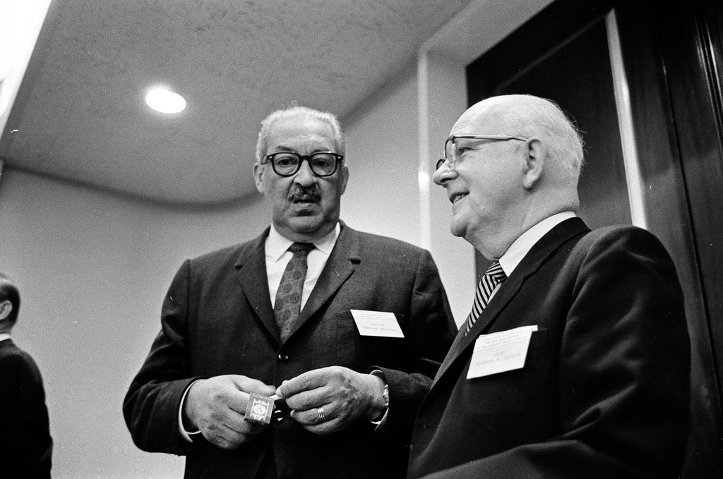 Thurgood Marshall speaks with Judge Bernard Decker - Peters (Clarence or Pete) for Chicago Sun-Times