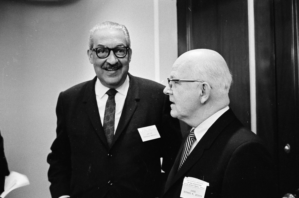 Thurgood Marshall speaks with Judge Bernard Decker - Peters (Clarence or Pete) for Chicago Sun-Times