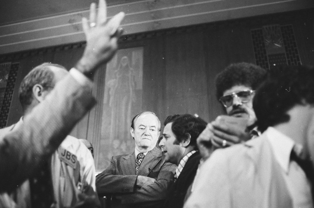 Hubert Humphrey visiting Chicago Mercantile Exchange - Perry C. Riddle for Chicago Sun-Times