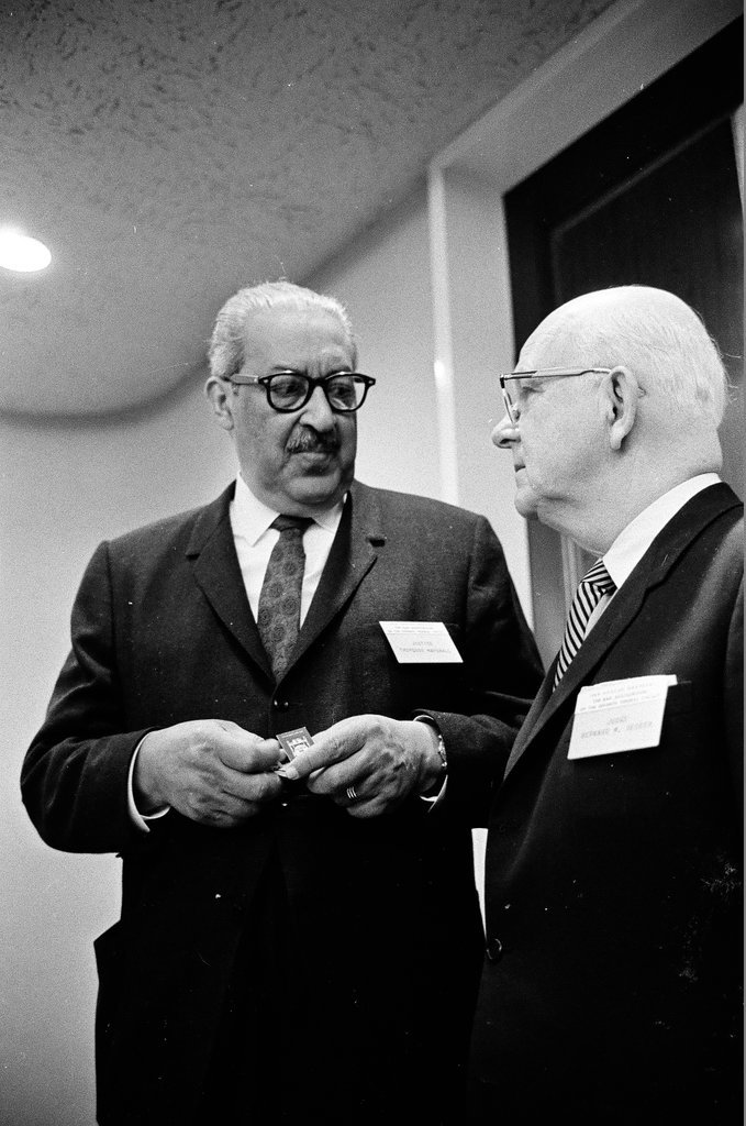 Thurgood Marshall speaks with Judge Bernard Decker - Peters (Clarence or Pete) for Chicago Sun-Times