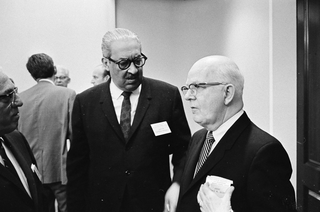 Thurgood Marshall speaks with Judge Bernard Decker - Peters (Clarence or Pete) for Chicago Sun-Times