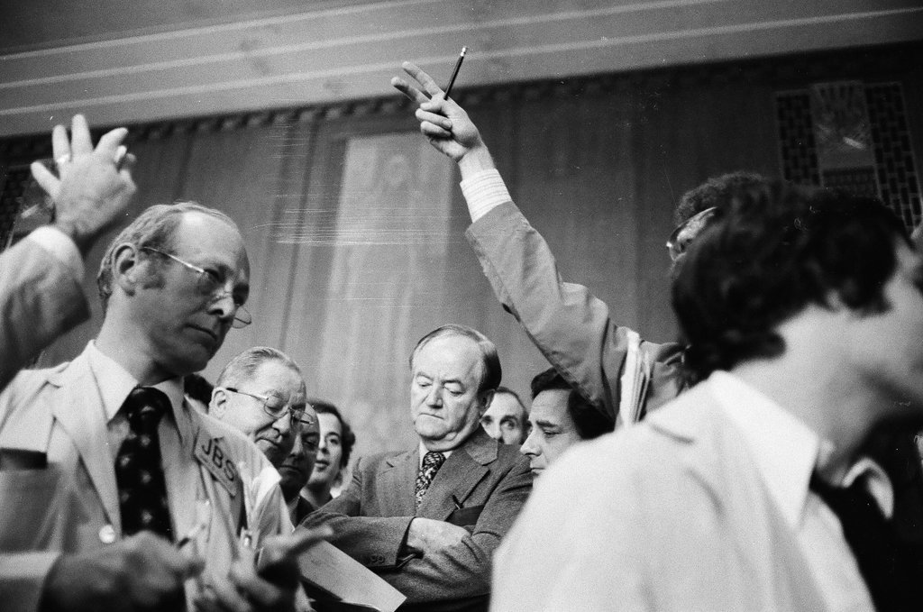 Hubert Humphrey visiting Chicago Mercantile Exchange - Perry C. Riddle for Chicago Sun-Times