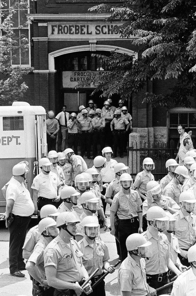 Police outside Froebel School during student protest - Chicago Sun-Times