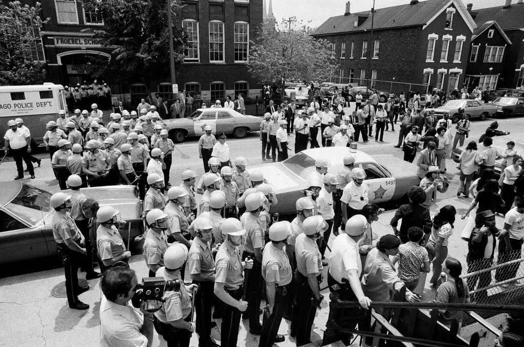 Police outside Froebel School during student protest - Chicago Sun-Times