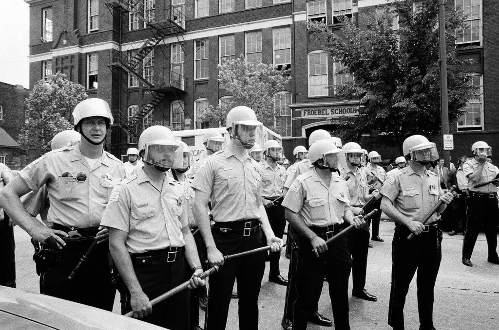 Police outside Froebel School during student protest - Chicago Sun-Times