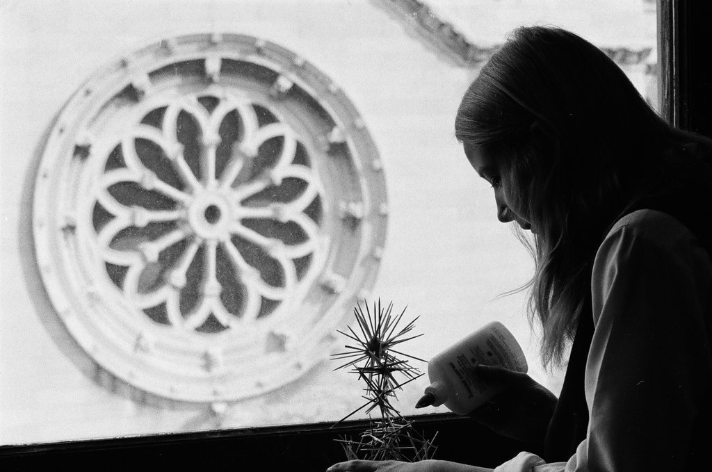 A student with her toothpick sculpture - Howard D. Simmons for Chicago Sun-Times