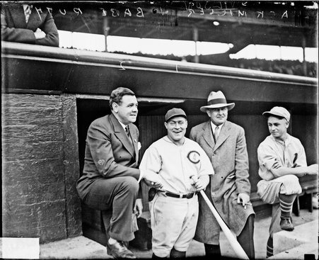 Baseball players Hack Wilson and Babe Ruth standing in a dugout at Wrigley Field before a 1929 World Series game - Chicago Daily News, Inc.