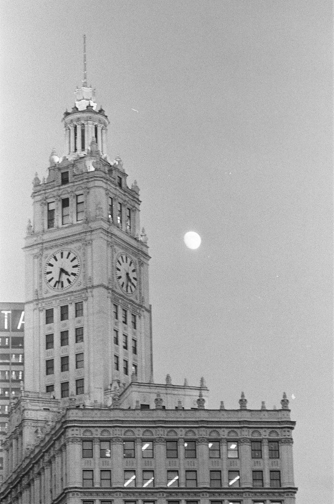 Moon rising above Wrigley Building - Chicago Sun-Times