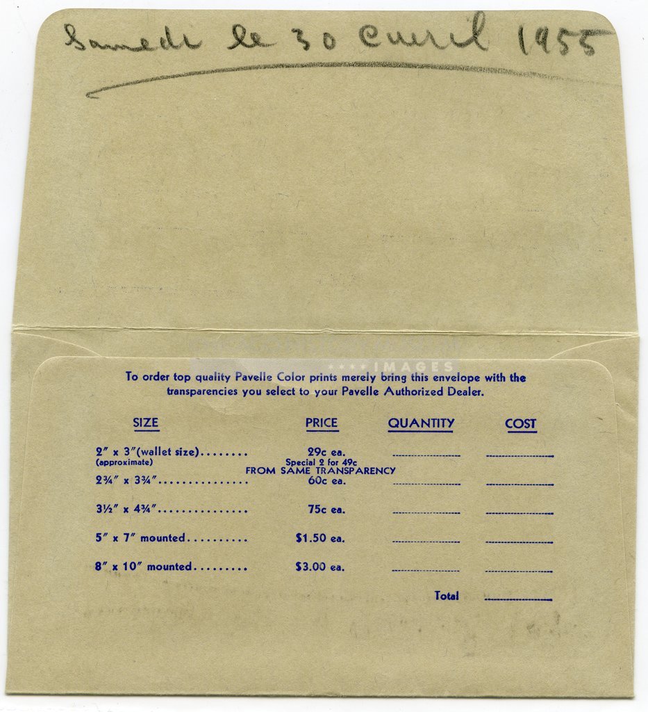 Reverse of the Pavelle processing envelope owned by Vivian Maier - Pavelle
