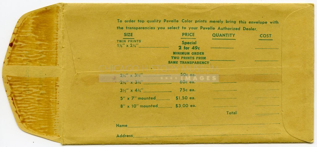 Reverse of Pavelle Color processing envelope owned by Vivian Maier - Pavelle Color