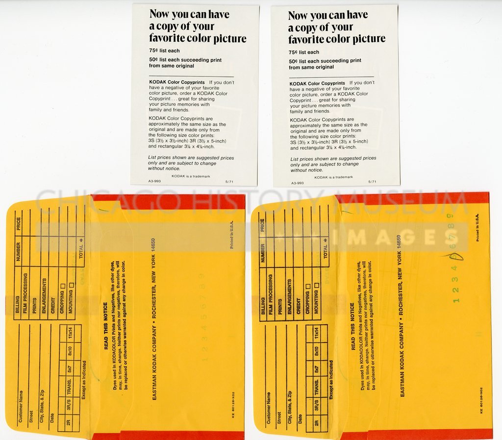 Reverse of Kodacolor processing envelopes and flyers owned by Vivian Maier - Eastman Kodak Company