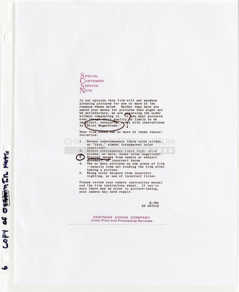 Eastman Kodak Company special customer service note owned by Vivian Maier - Eastman Kodak Company