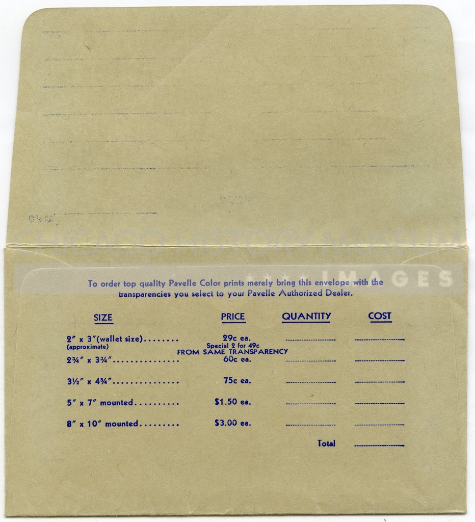 Reverse of Pavelle Color processing envelope owned by Vivian Maier - Pavelle Color
