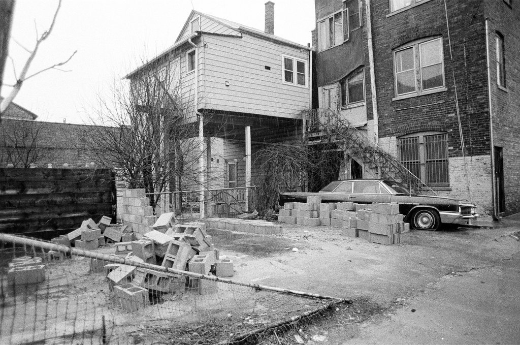 Scene where a car was blocked in by bricks - Jerry Tomaselli for Chicago Sun-Times