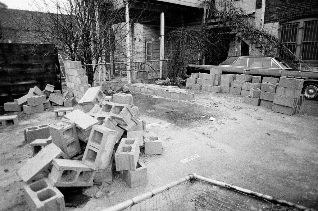 Scene where a car was blocked in by bricks - Jerry Tomaselli for Chicago Sun-Times