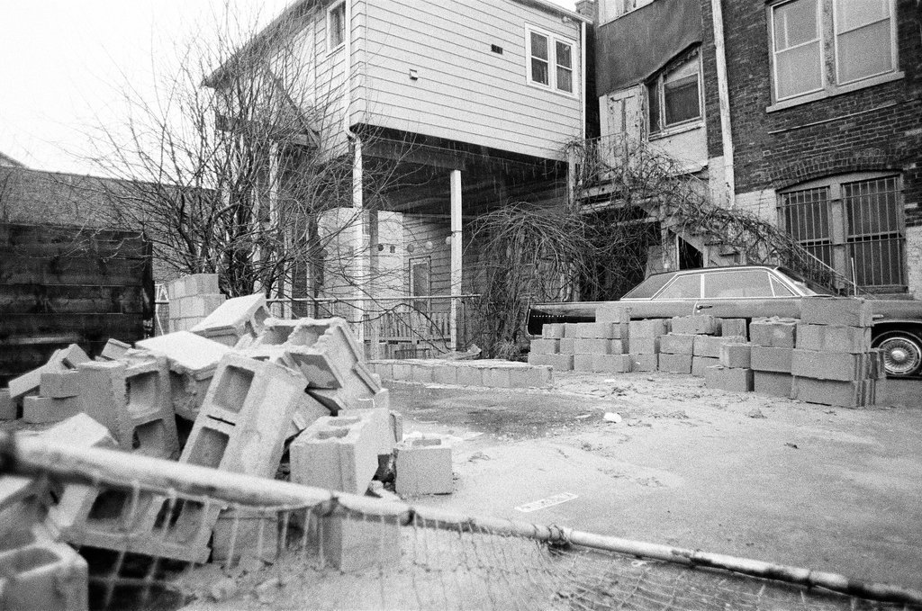 Scene where a car was blocked in by bricks - Jerry Tomaselli for Chicago Sun-Times