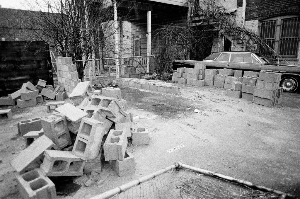 Scene where a car was blocked in by bricks - Jerry Tomaselli for Chicago Sun-Times