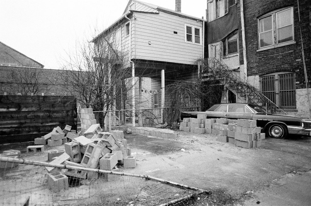 Scene where a car was blocked in by bricks - Jerry Tomaselli for Chicago Sun-Times