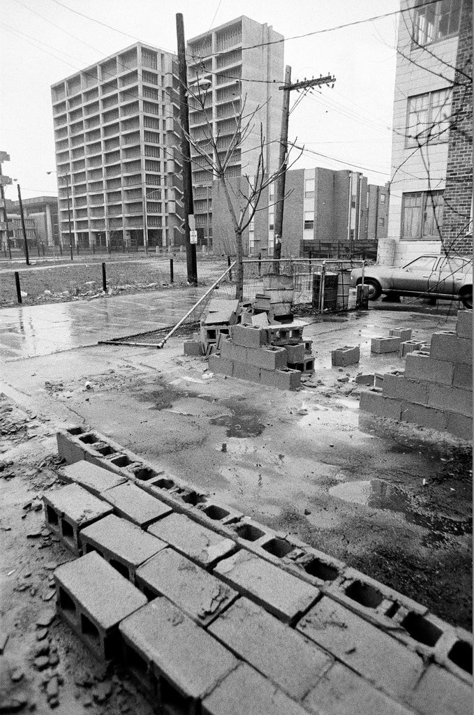 Scene where a car was blocked in by bricks - Jerry Tomaselli for Chicago Sun-Times