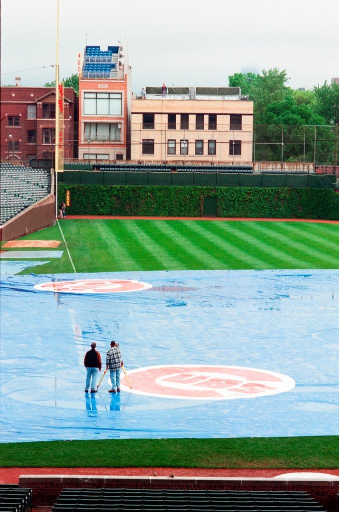 Surveyors measure Glenallen Hill's home runs at Wrigley Field - John H. White for Chicago Sun-Times