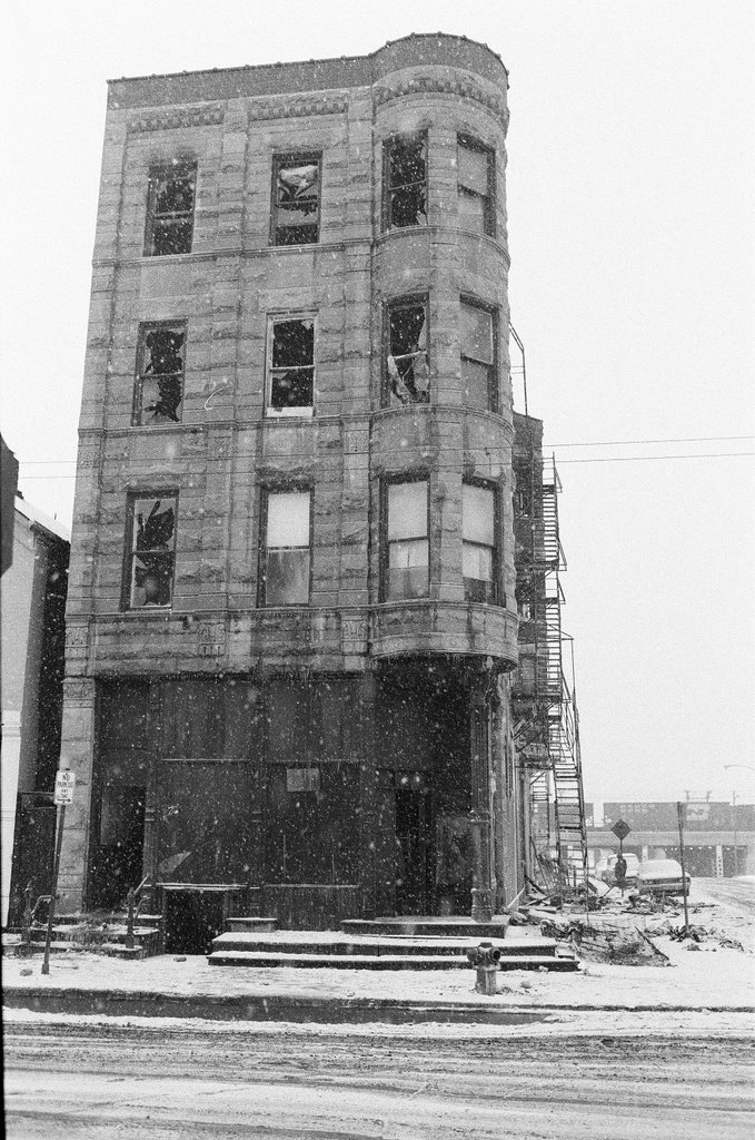 Exterior of apartment damaged by fire - Perry C. Riddle for Chicago Sun-Times