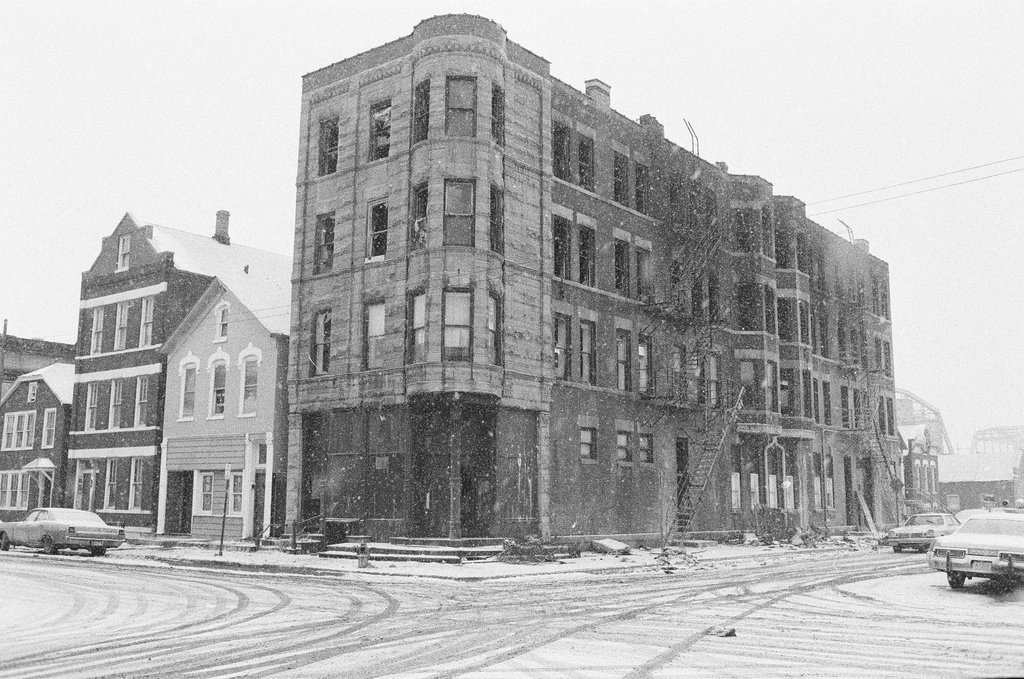 Exterior of apartment damaged by fire - Perry C. Riddle for Chicago Sun-Times